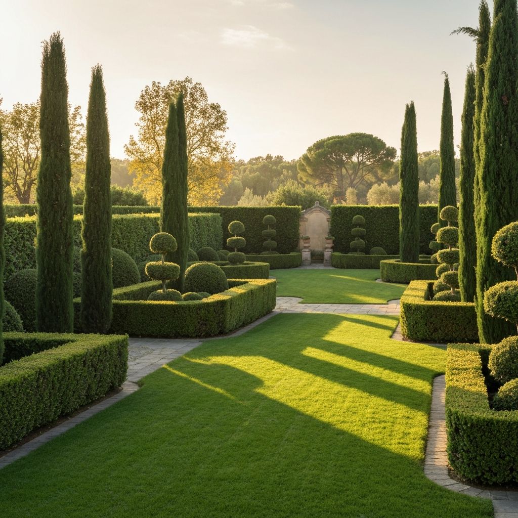 Giardino curato con siepi e sentieri in pietra